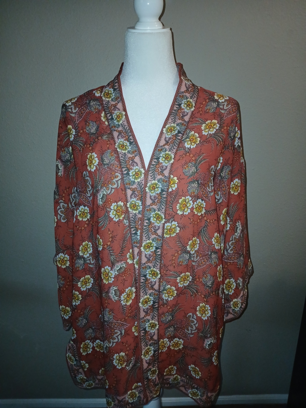 Max Studio Womens Brown/Rust Floral Kimono Cardigan